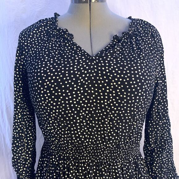 Talbots Dress Black White Dot Midi Dress Smocked Waist 3/4 Sleeve Ruffle Tier M - Picture 9 of 14